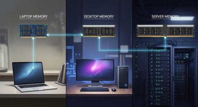 笔记本、台式机与服务器内存对比示意 笔记本、台式机与服务器内存对比示意