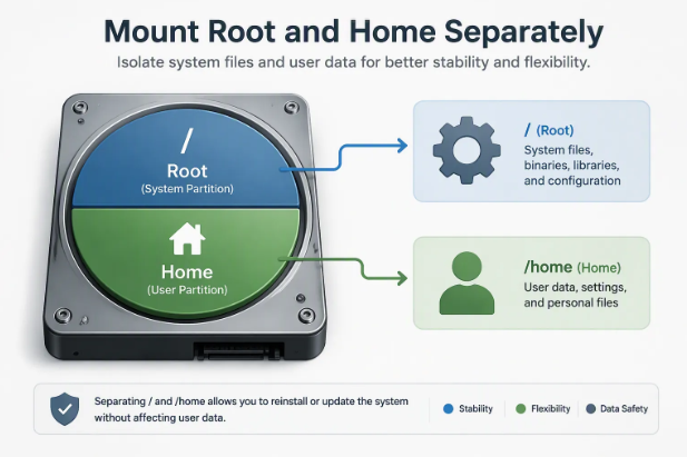 Linux 根目录与 home 目录分开挂载示意图